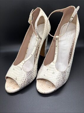 Chloe Ivory Snakeskin Peep-Toe T-Strap Heels